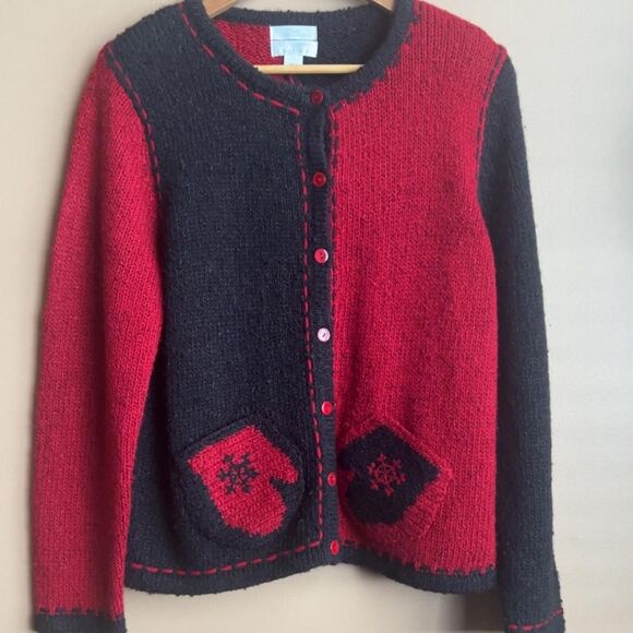 Vintage Christopher & Banks Hand Embroidered Mitten Christmas Knit Cardigan. L. - Picture 2 of 7